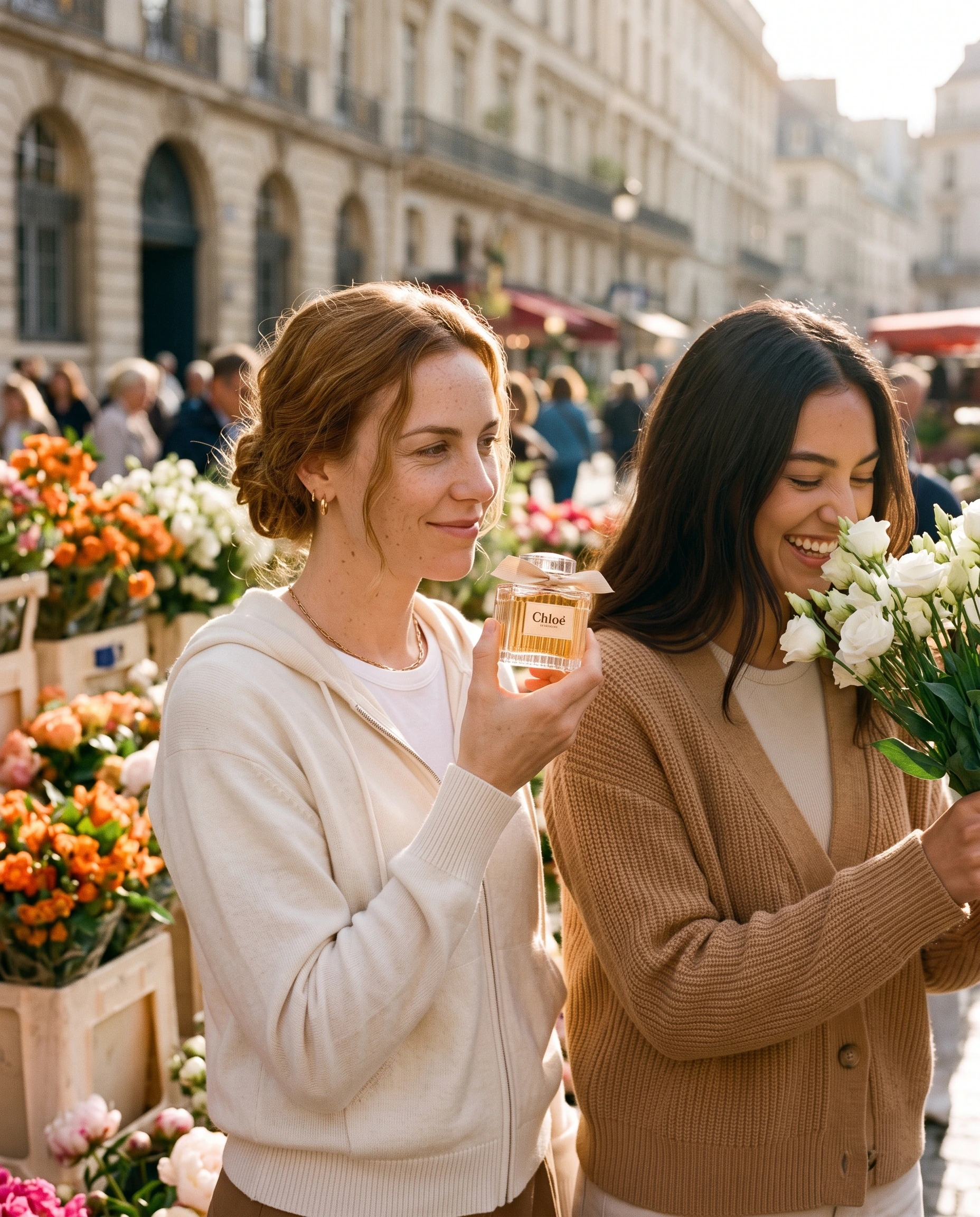 Deux amies au marché aux fleurs avec le flacon Chloé Le Nectar