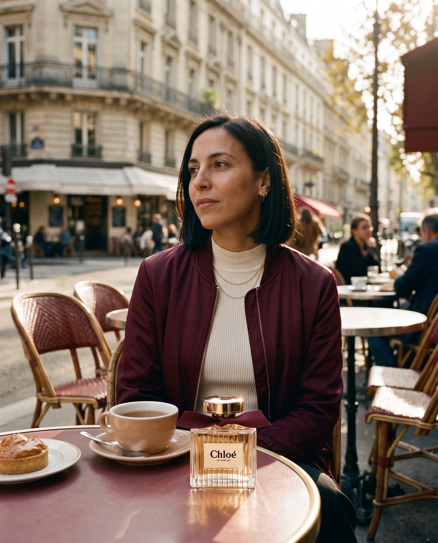 Femme sur une terrasse de café parisienne avec le flacon Chloé Le Parfum posé sur la table