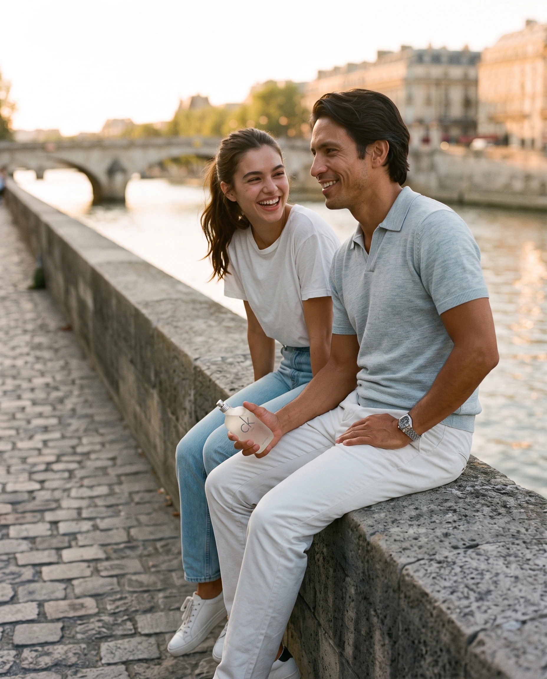 Deux amis assis sur les quais de la Seine avec le flacon Calvin Klein CK One